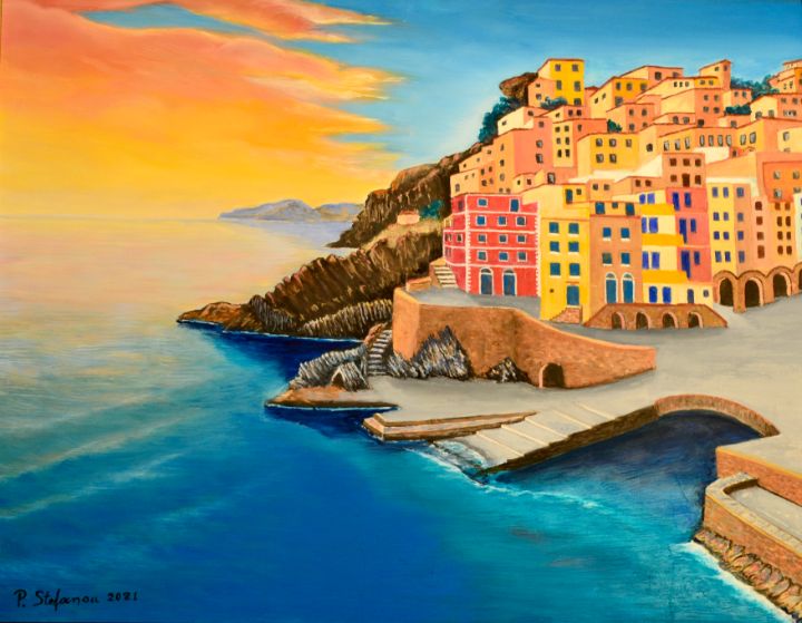 Panorama Of Riomaggiore, Italy - P.stefanou Art Creations - Paintings 