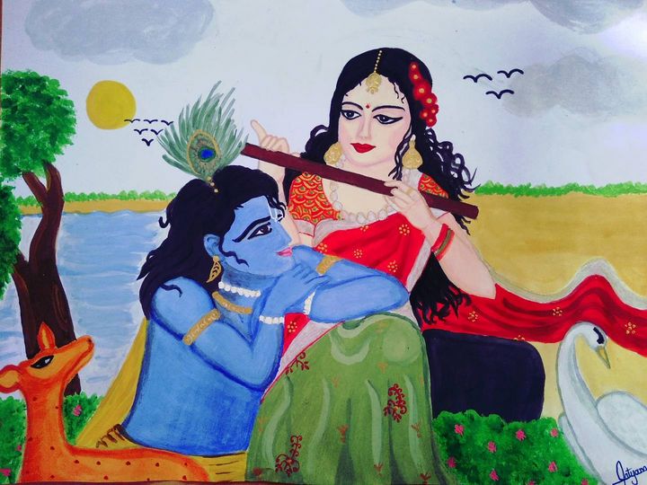Painting Of Radha Krishna Drawing In Size A4 - GranNino