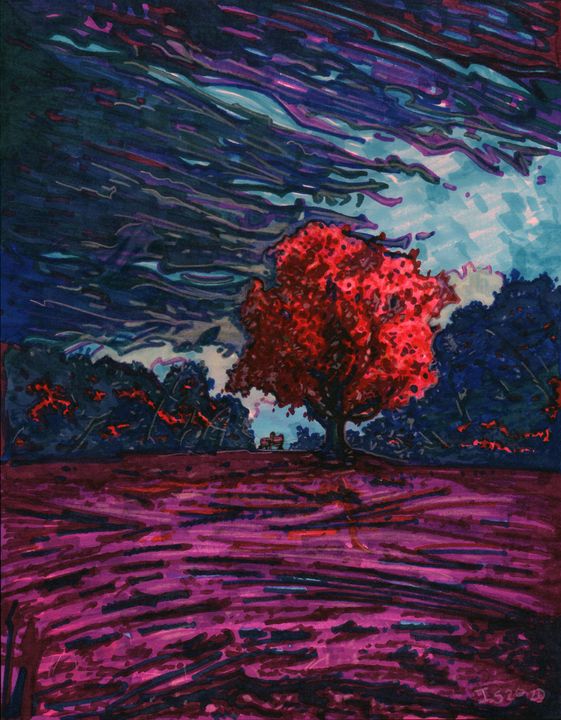 Ian Stevenson 希少直筆ドローイング Red tree purple sky - Ian Stevenson - Drawings & Illustration