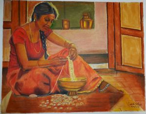 Indian woman making garland of flowe