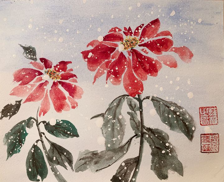Chinese Brush Winter Poinsettia - Lillian's Chinese Ink