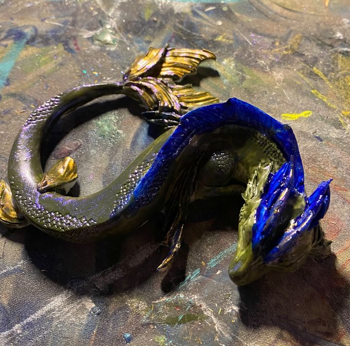 green blue gold small resting dragon - Artcreationsathome