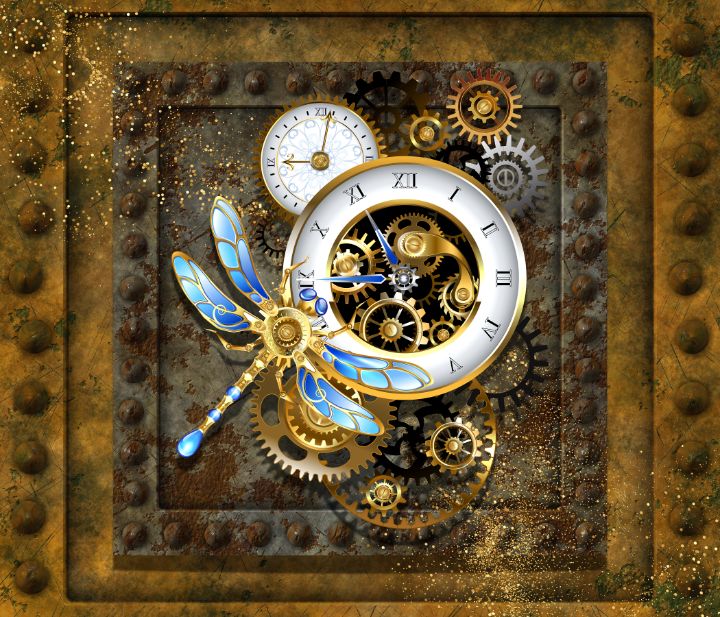 Steampunk Dragonfly Clock - Tina Mitchell Art - Digital Art