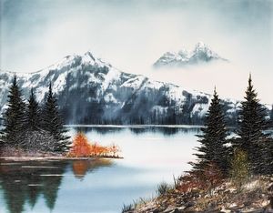 serene oil painting of Mountain Lake