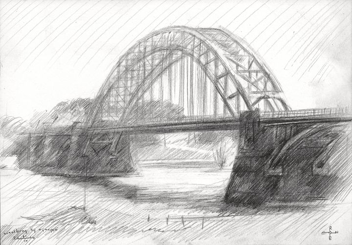 Bridge drawing over river graphic Royalty Free Vector Image