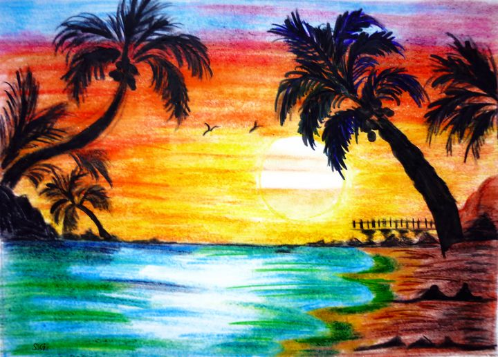 Beach Sunset In Colour Pencils Timeless Art Paintings Prints