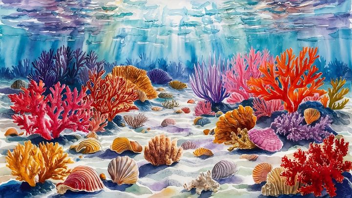 Sunlit Coral Reef in Watercolors - safiden - Paintings