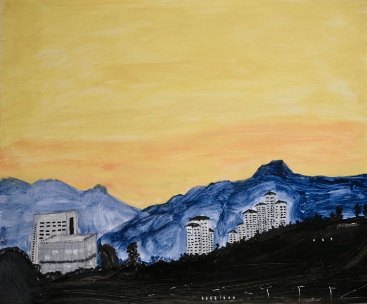 Sunset on the mountain city, Acrylic painting