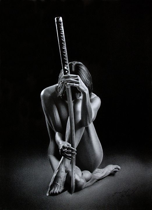 nude katana nude slender woman and asian hat with katana in...の写真素材 ...