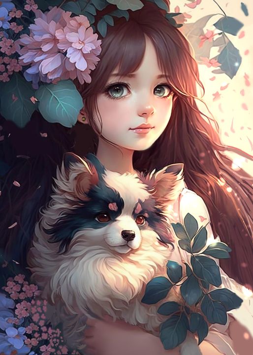 Cute Floral Anime girl With Her Dog - Anass Benktitou - Drawings ...