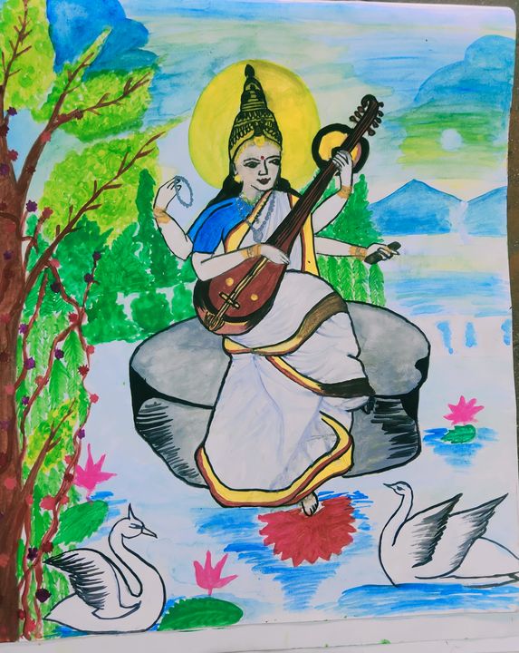 Maa Saraswati Painting | Hindu Goddess – MeMeraki.com