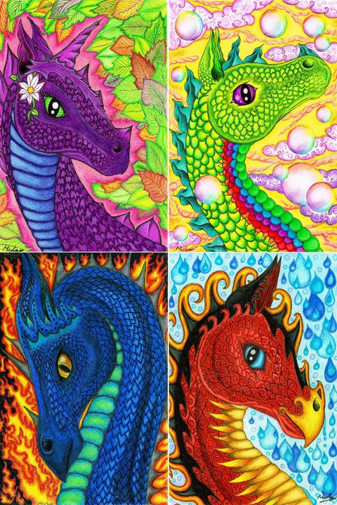 Four Elements Dragons - Melanie Jeyakkumar - Drawings & Illustration,  Fantasy & Mythology, Magical, Dragons & Beasts - ArtPal