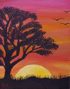 Sunset with Tree and Birds - 11 x 14