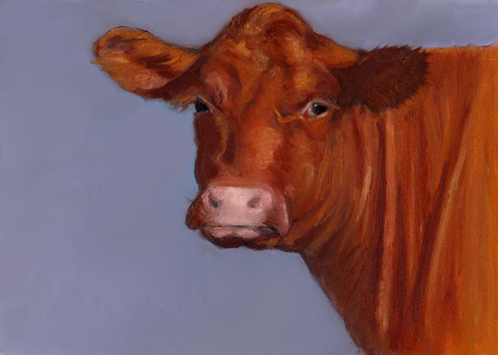 Red Cow, Oil Pastel Painting, Farm - Joyce's Art