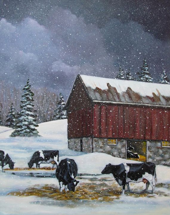 Holstein Cows in Snowy Barnyard Joyce's Art Paintings & Prints
