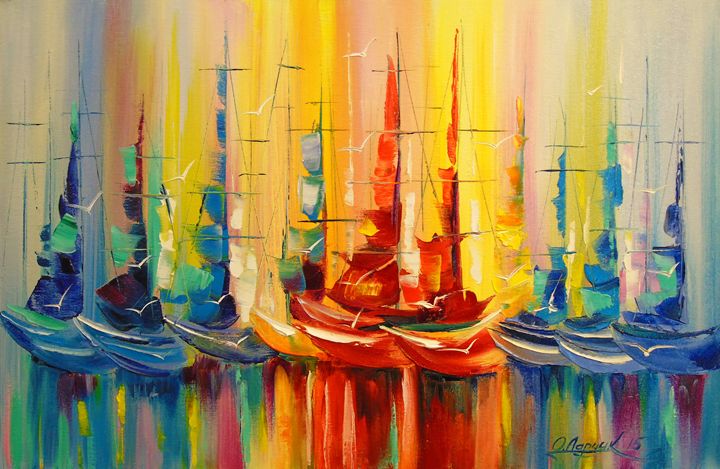 Rainbow Regatta - Olha Darchuk - Paintings & Prints, Landscapes & Nature,  Beach & Ocean, Inlets & Coves - ArtPal