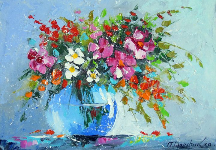 Bouquet of summer flowers in a vase - Olha Darchuk - Paintings & Prints,  Flowers, Plants, & Trees, Flowers, Other Flowers - ArtPal