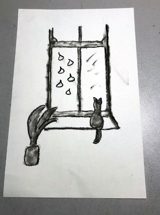 Cat Looking Out Window - Charcoal - HowardMoon