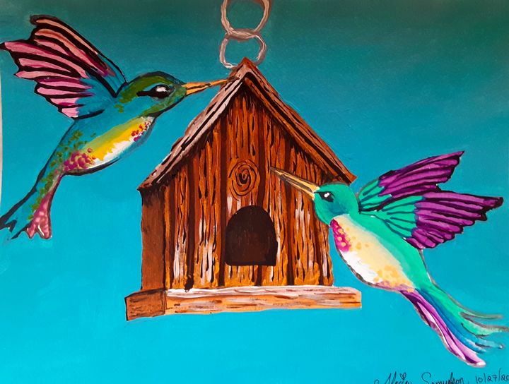Hummingbirds and a Birdhouse - Alecia Samuelson's Art
