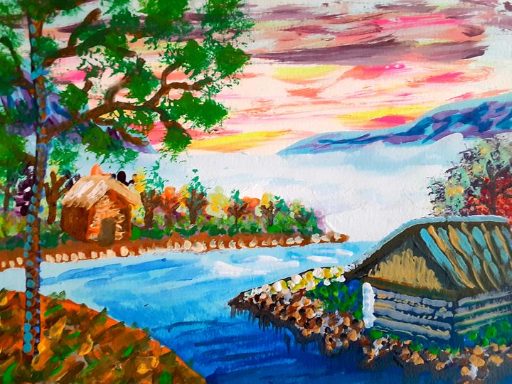 Houses on a Riverbank at Sunset - Alecia Samuelson's Art