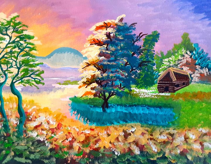 Log Cabin in a Meadow on a Lake - Alecia Samuelson's Art