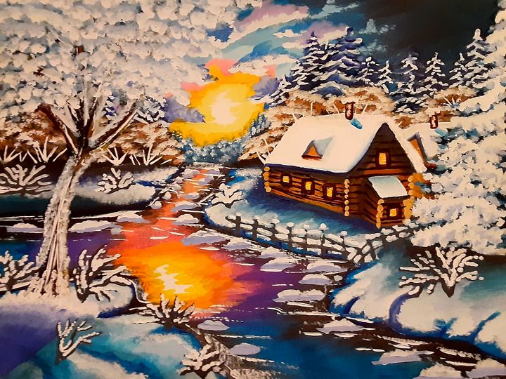 Winter Log Cabin on a Chilly Lake - Alecia Samuelson's Art