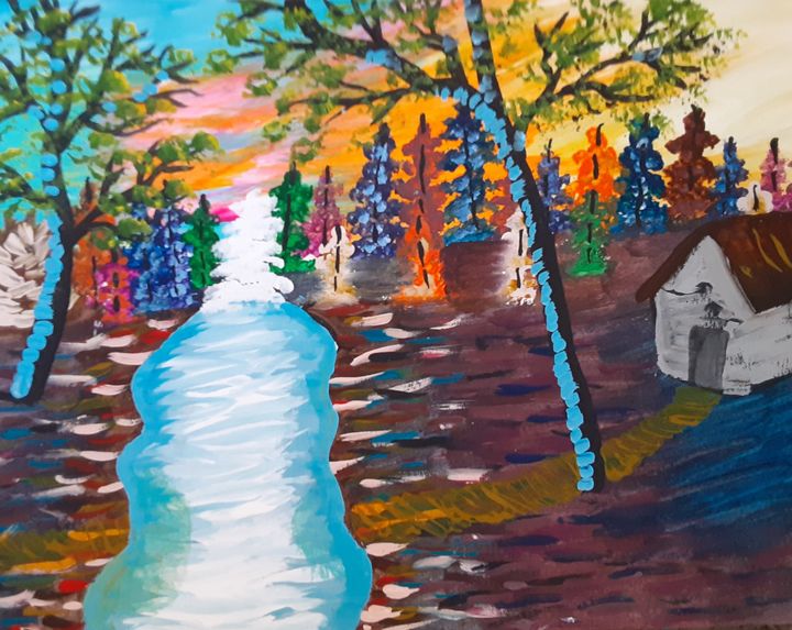 Cabin in the Woods by a River - Alecia Samuelson's Art