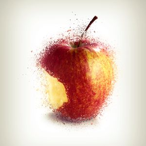 Red bitten apple shattered