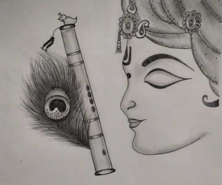 Happy Janmashtami festival holiday - Lord Krishna playing bansuri (flute)  with Radha rani, Hand Drawn Sketch Vector illustration. Stock Vector |  Adobe Stock