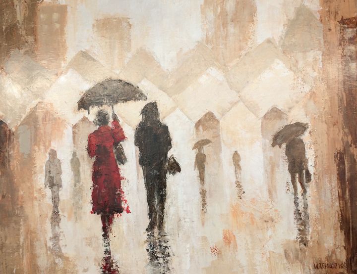 People walking in the rain, Print of acrylic painting. Urban wall art  artwork