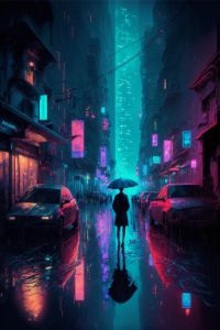 cyberpunk,city,metropolis,neon, rain,art illustration Stock Illustration