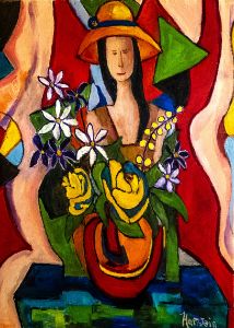 Woman with Flowers - Paintings by Michael Hartstein