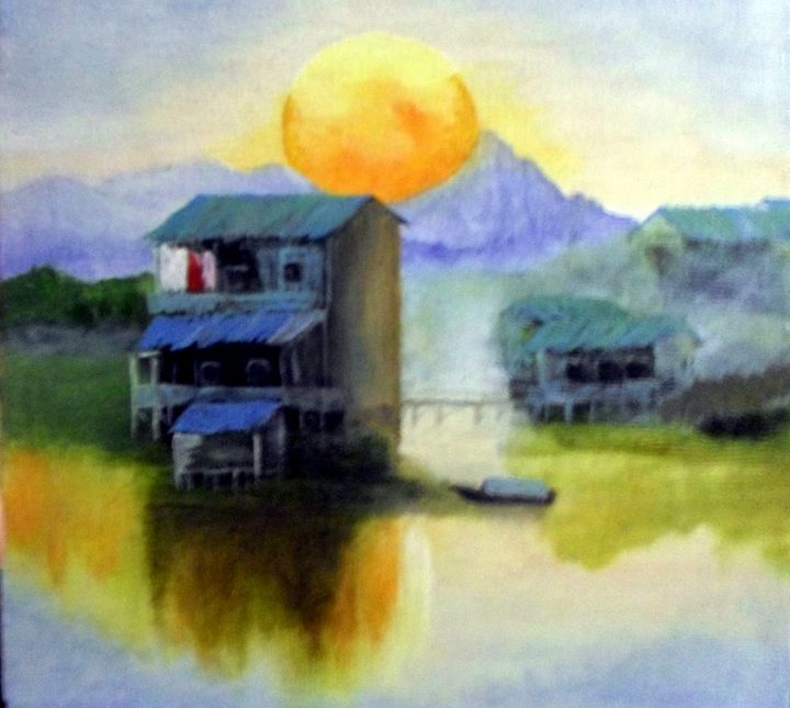 The Sunrise In Fishing Village Kay Painting Paintings Prints Ethnic Cultural Tribal Other Ethnic Cultural Tribal Artpal