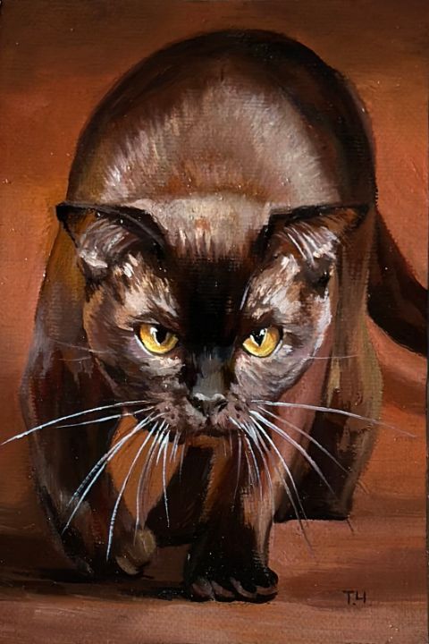 A cat the color of dark chocolate - Painting by Tatjana Cechun