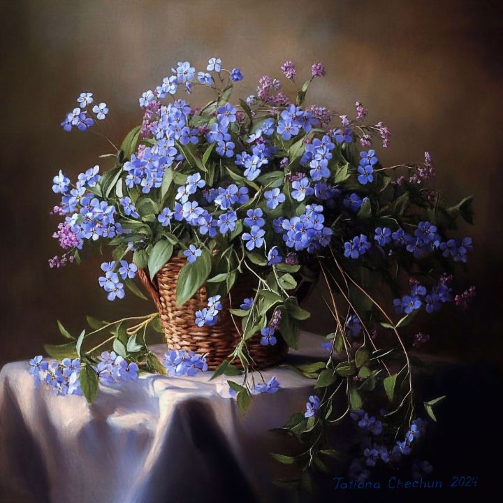 Forget-me-nots in a basket - Painting by Tatjana Cechun