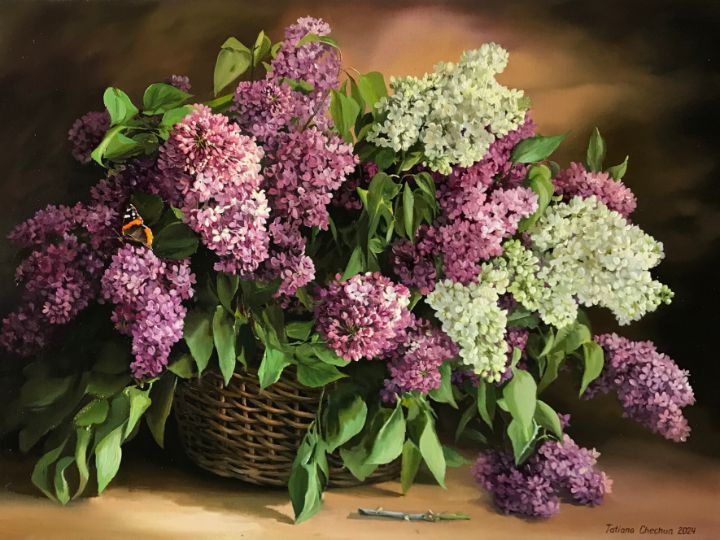 Lilac in a basket and a butterfly - Painting by Tatjana Cechun ...