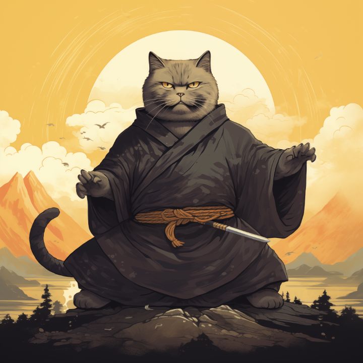 Rising Sun Fat Ninja Cat Art - Art Print Gallery - Digital Art