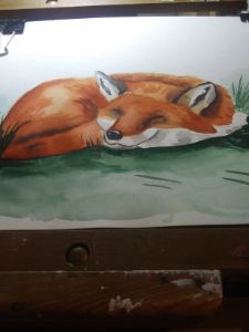 Watercolor dozing Red fox