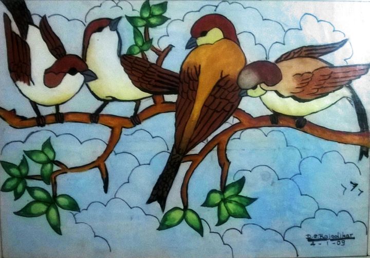 sparrows - Rare antique paintings