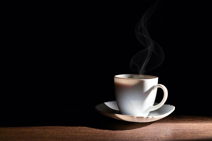 White cup of hot coffee on a dark ba - Dobrydnev - Photography, Food &  Beverage, Coffee & Tea, Other Coffee & Tea - ArtPal