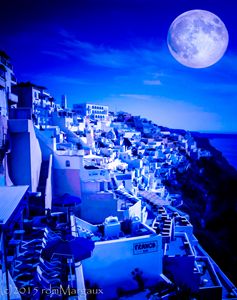 Blue Moon Over Fira Santorini
