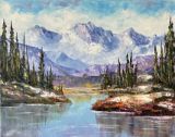 Oil Painting mountain lake  forest