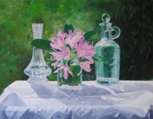"Still life with flowers and glass"