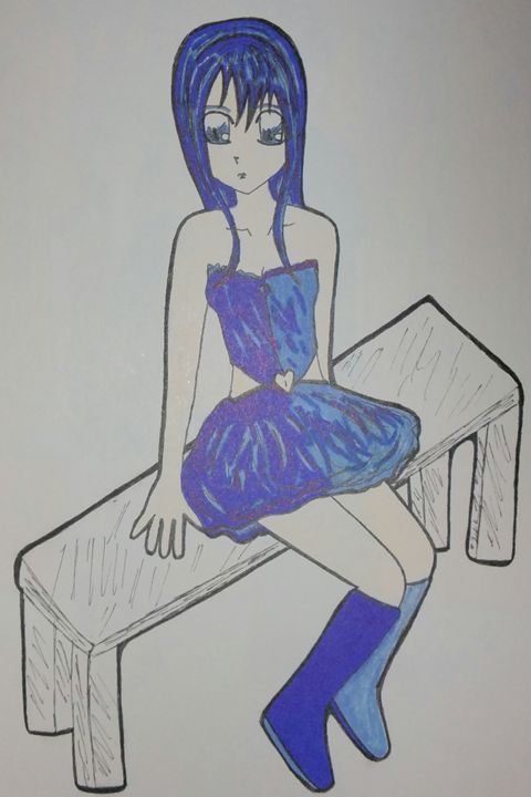 girl in blue sitting on a bench - mewmewtrey - Drawings & Illustration,  People & Figures, Animation, Anime, & Comics, Anime - ArtPal