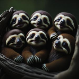 Family of Smiling Baby Sloths Huddle
