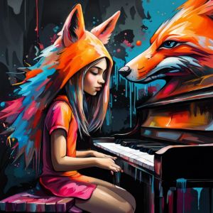 girl and hound about to play piano