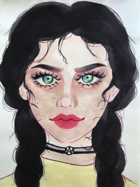 black hair green eyes girl drawing