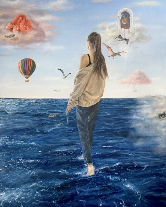 Flight of the Deep - Painting or Print of Girl in Ocean Reaching up to Wave newest of Birds in Flight - Modern Surrealist Art with Blue Water