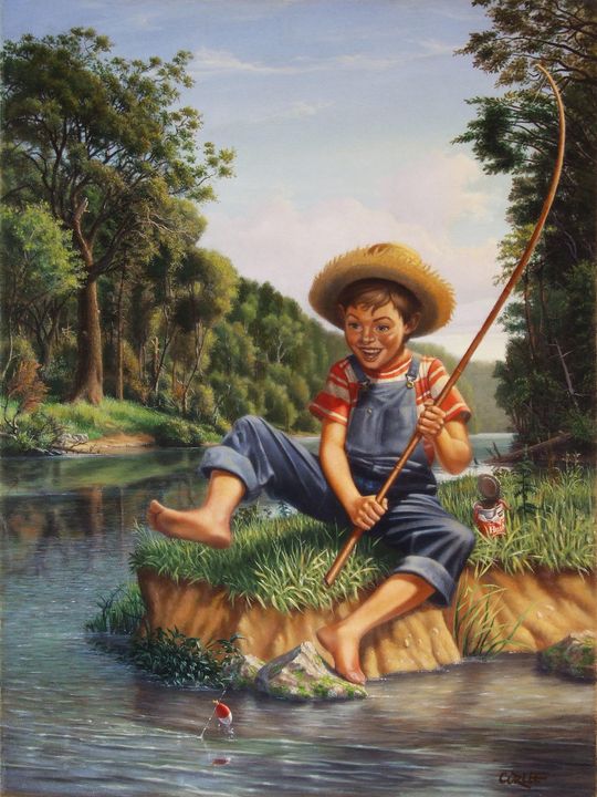 A painting of a boy sitting on a rock by the water. Fishing lake