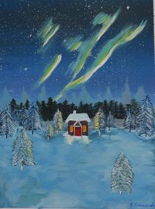 Winter Landscape, Original Northern Lights Painting, Christmas